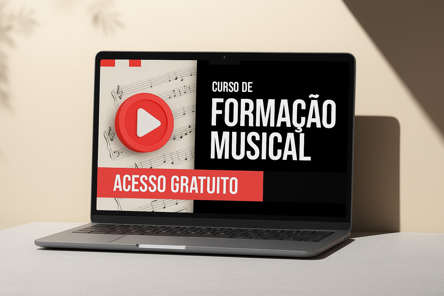 Curso de formación musical gratuito en línea mostrado en la pantalla de un portátil con partitura de fondo