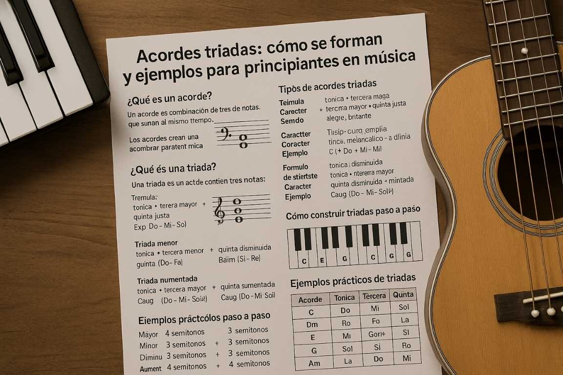 Hoja explicativa sobre acordes tríadas con ejemplos para principiantes, junto a una guitarra y un teclado
