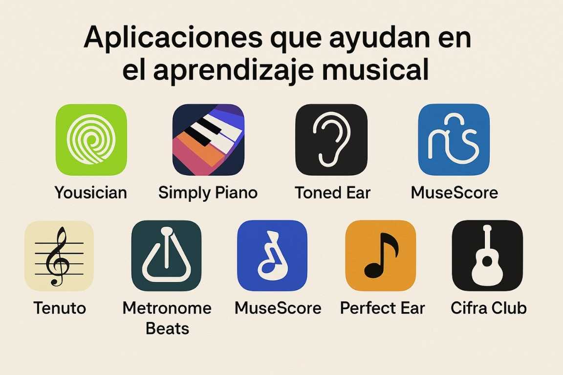 Imagen con íconos de aplicaciones móviles populares para el aprendizaje musical, incluyendo Yousician, Simply Piano, Toned Ear, MuseScore, Tenuto, Metronome Beats, Perfect Ear y Cifra Club