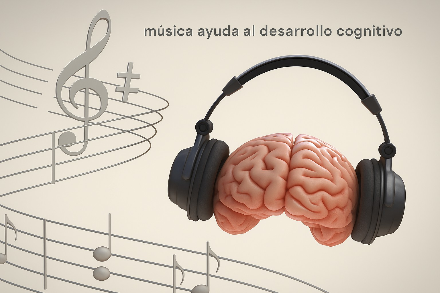 Cerebro con auriculares rodeado de notas musicales, representando cómo la música estimula el desarrollo cognitivo