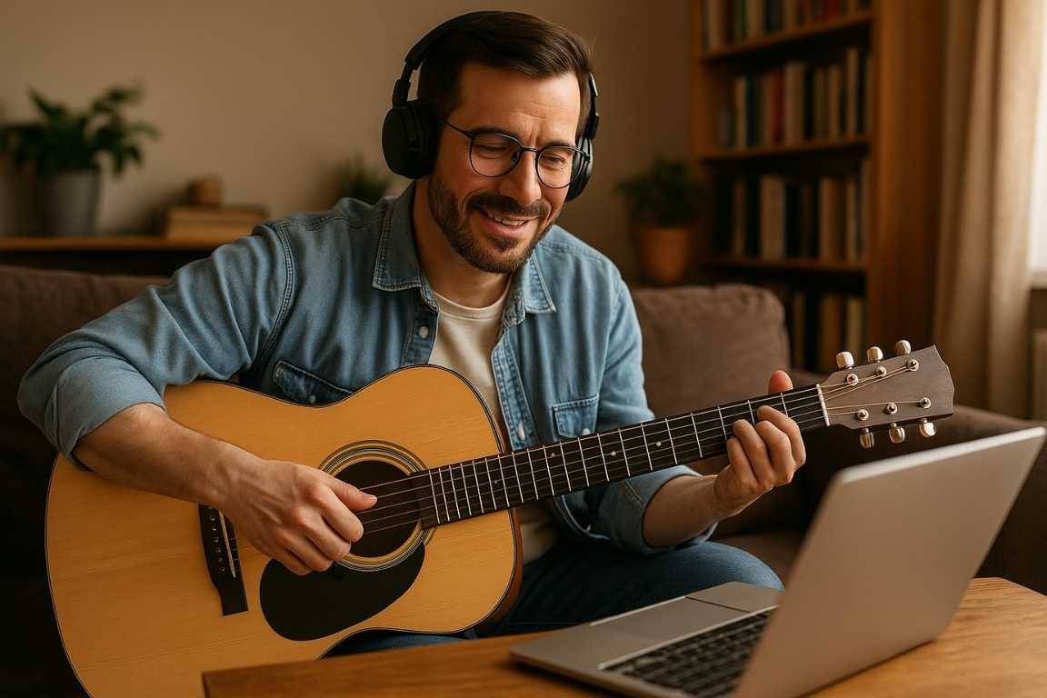 Hombre tocando la guitarra con auriculares durante una clase de música en línea desde casa