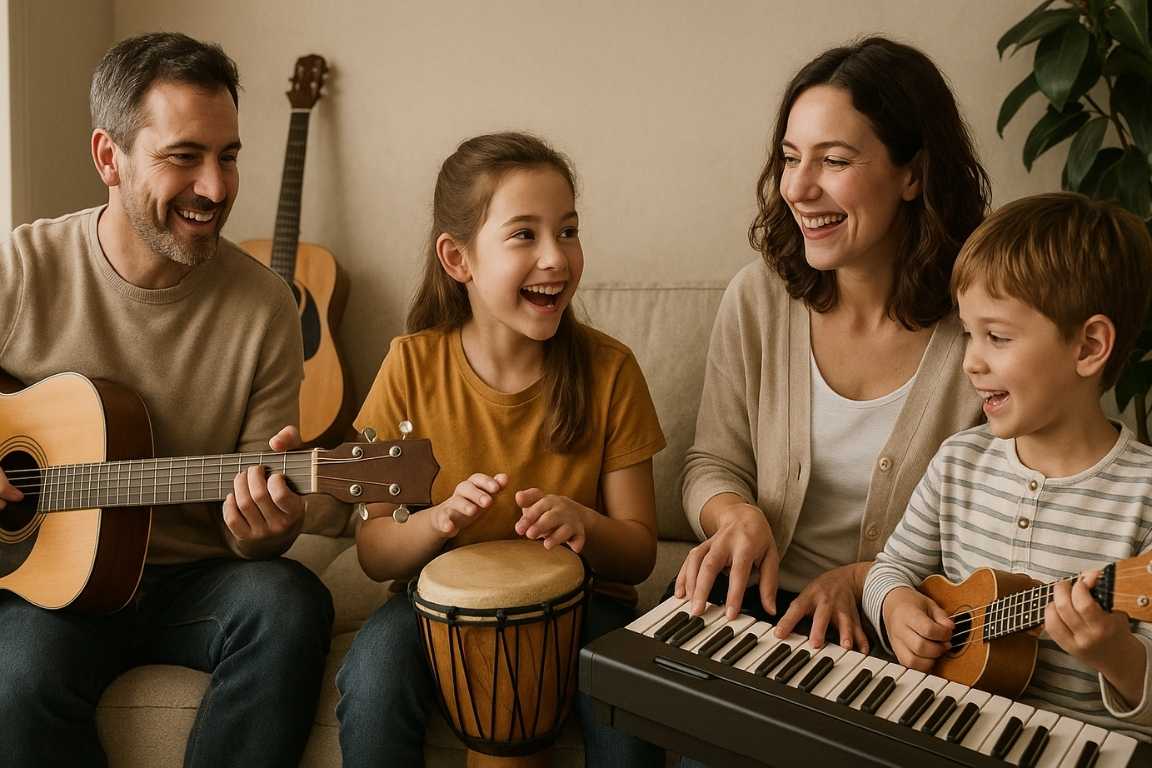 Familia tocando instrumentos musicales juntos en casa con guitarra, teclado, tambor y ukelele