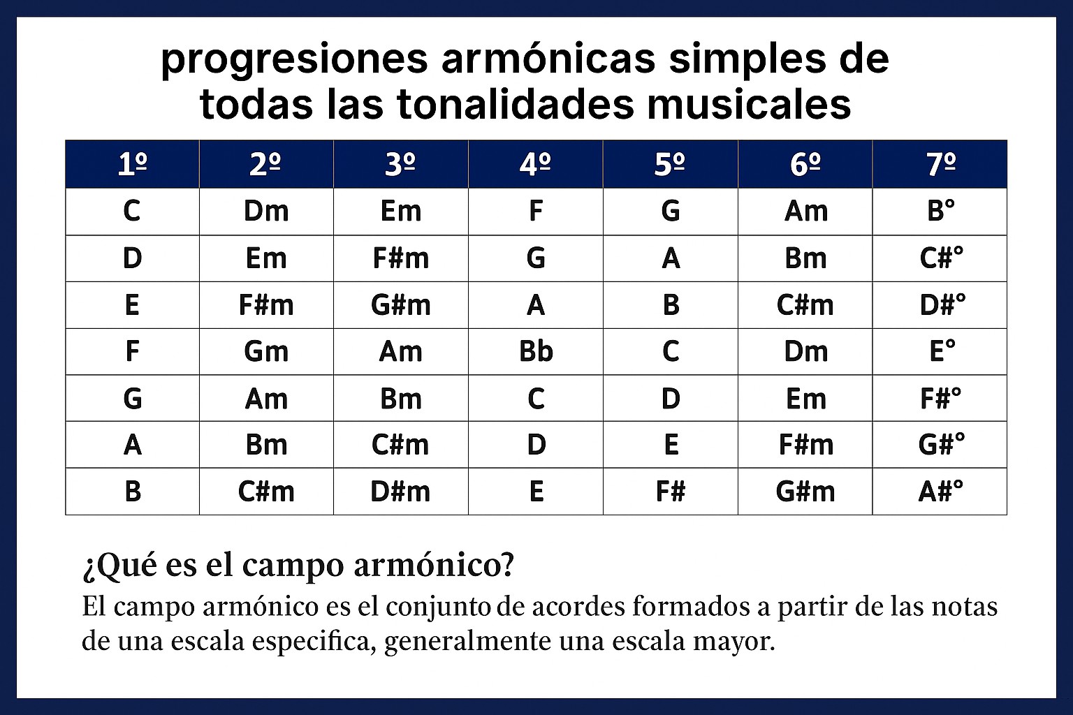 Tabla de progresiones armónicas simples en todas las tonalidades musicales con explicación sobre el campo armónico
