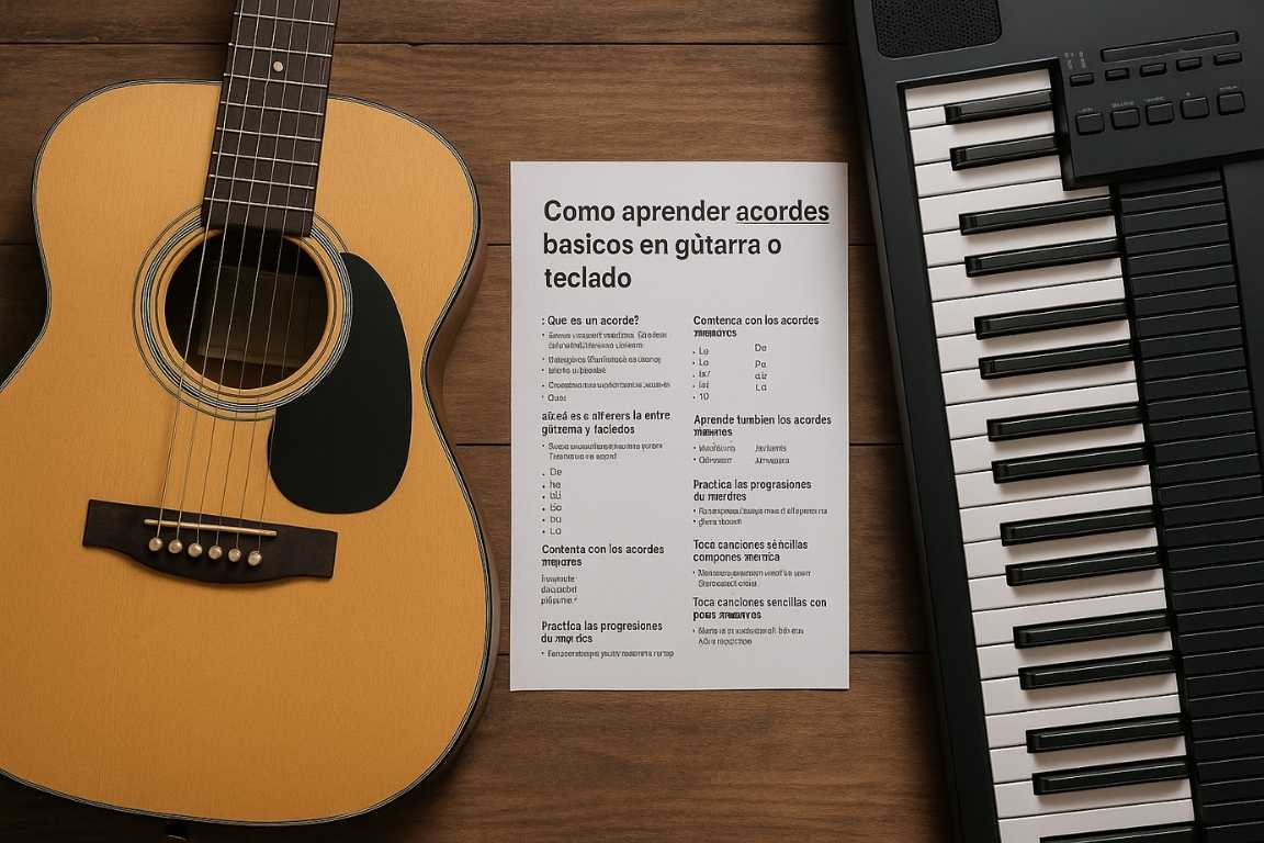 Guía de acordes básicos en guitarra o teclado sobre mesa de madera con instrumentos al lado