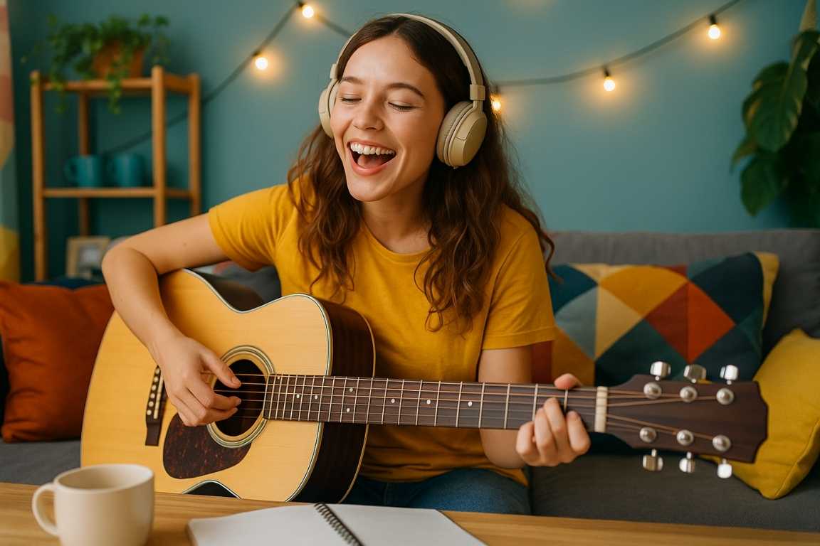 Mujer cantando y tocando la guitarra con auriculares en casa durante práctica musical
