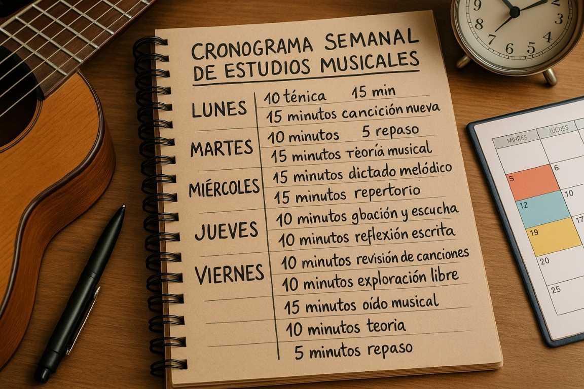 Cuaderno con cronograma semanal de estudios musicales junto a un ukelele, bolígrafo, calendario y reloj