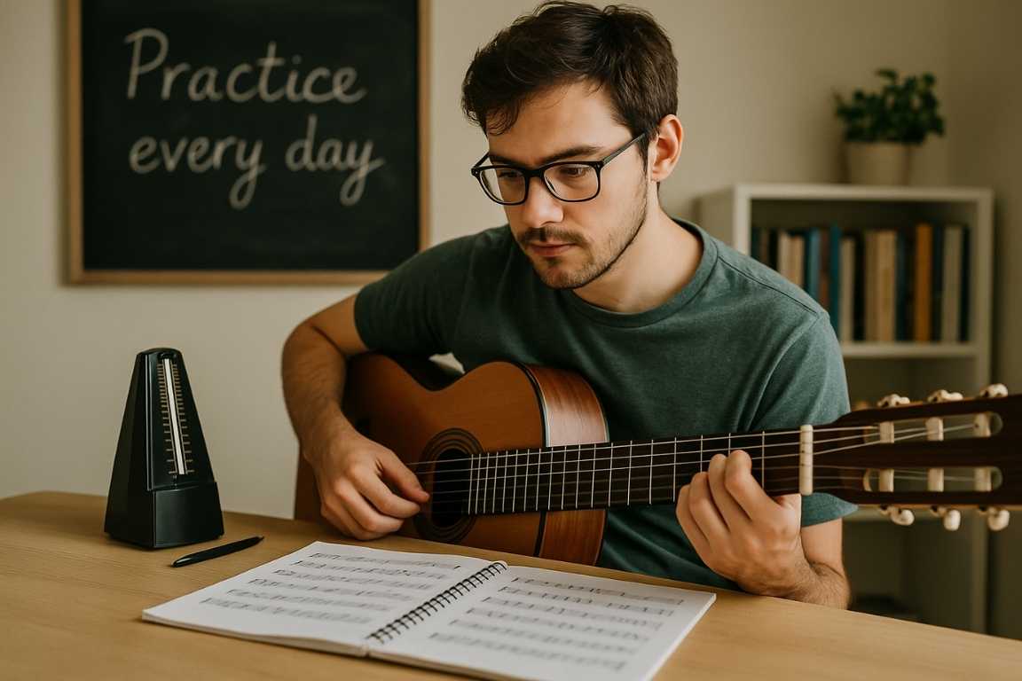 Hombre practicando guitarra clásica con partituras y metrónomo sobre la mesa, frente a una pizarra con el mensaje Practice every day