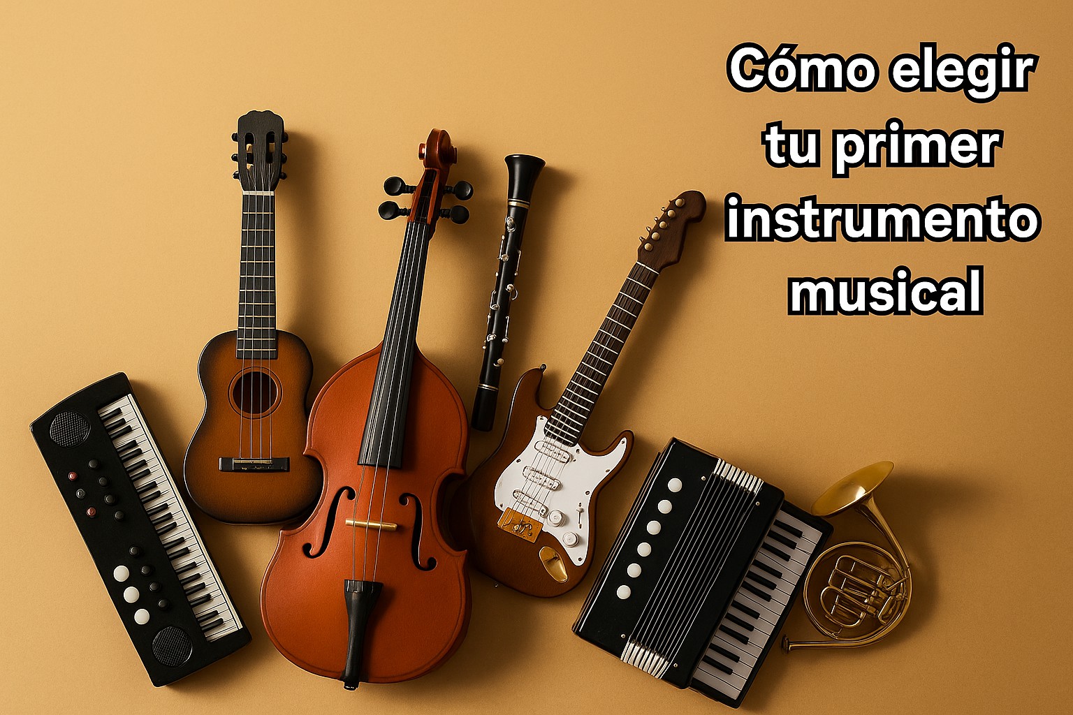 Diversos instrumentos musicales sobre fondo marrón ilustrando cómo elegir tu primer instrumento musical