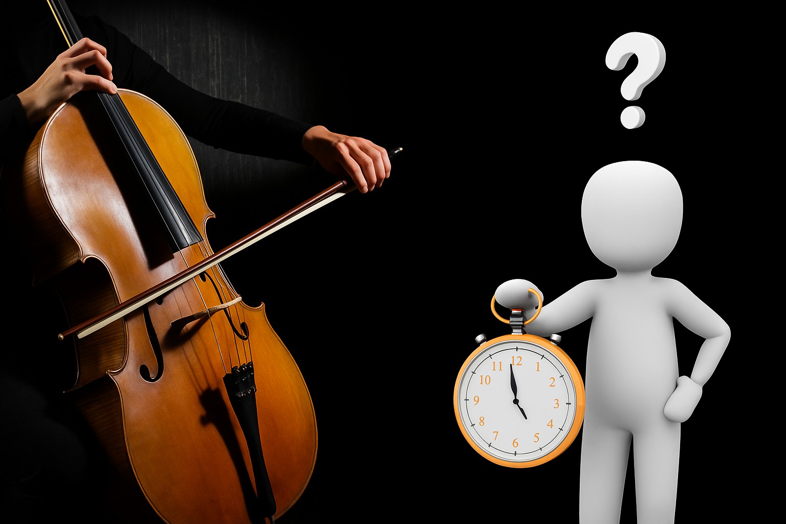 Persona tocando violonchelo junto a figura con reloj y signo de interrogación, representando dudas sobre el tiempo de práctica musical