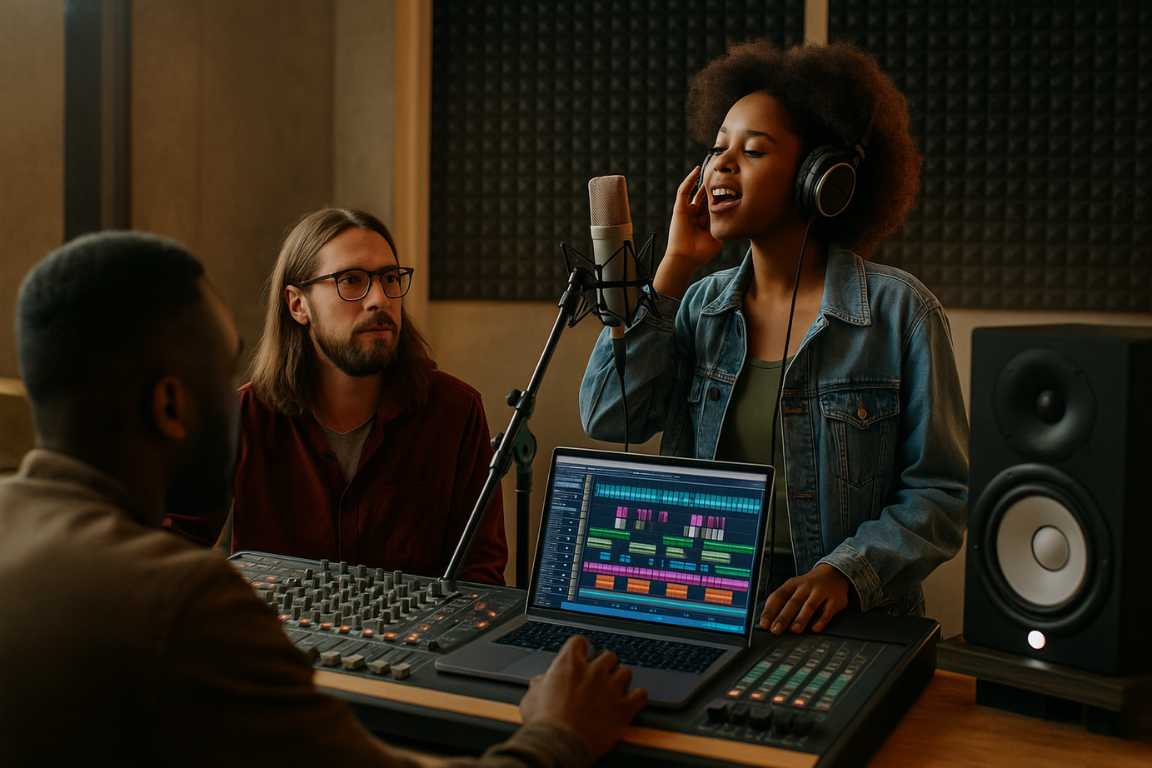 Grupo de tres personas en estudio de grabación musical; una mujer negra con auriculares canta frente a un micrófono, mientras dos hombres, uno con gafas y otro manejando una consola de audio, supervisan la producción en un portátil con software de música.