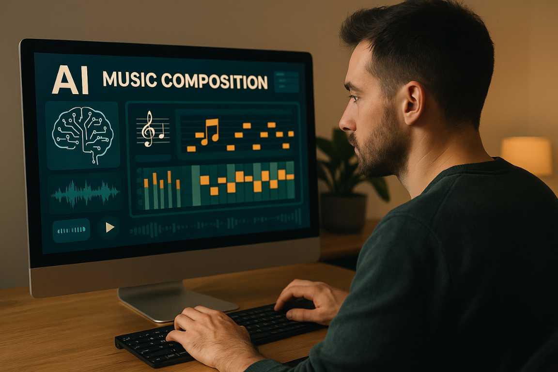 Hombre joven usando computadora de escritorio con programa de composición musical asistida por inteligencia artificial en la pantalla, mostrando notas y gráficos musicales.