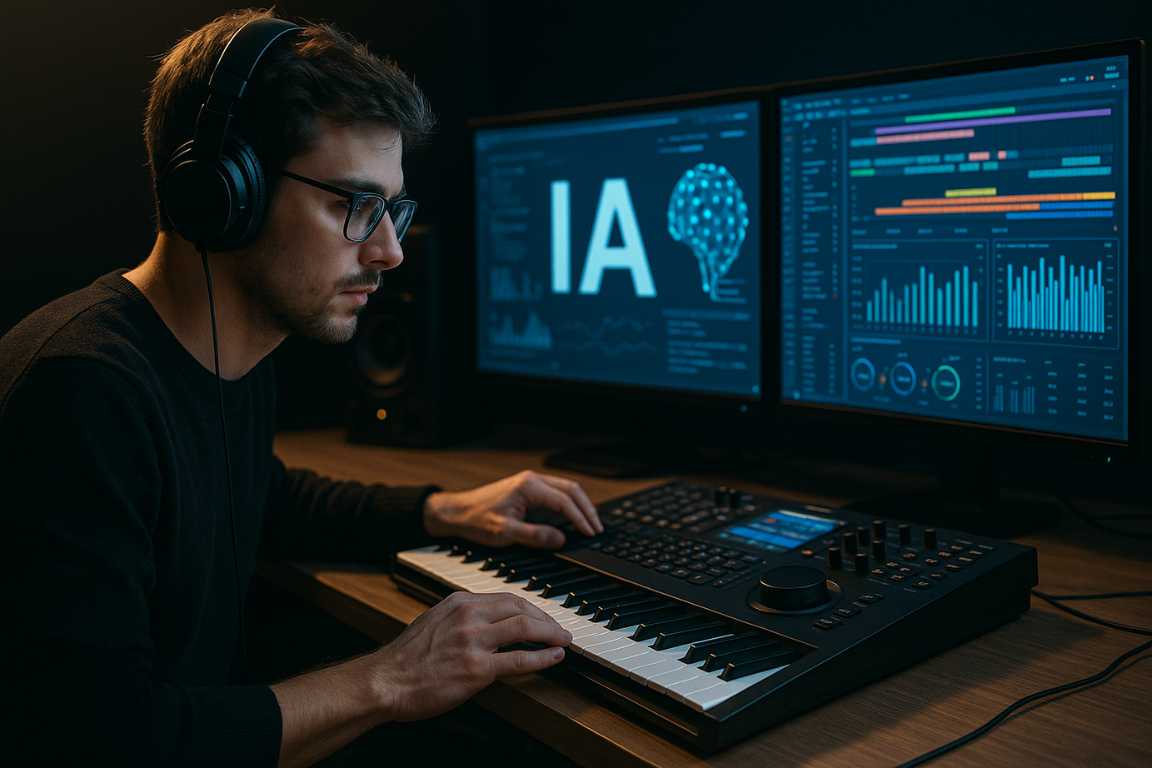 Hombre usando auriculares y tocando teclado MIDI en estudio de música digital con dos monitores que muestran gráficos y la palabra IA, simbolizando el uso de inteligencia artificial en la producción musical.