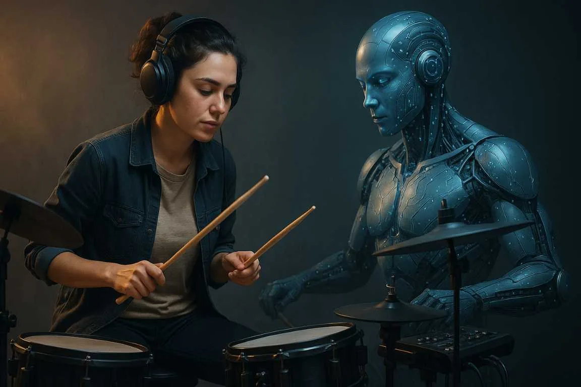 Mujer con auriculares tocando batería electrónica mientras un robot humanoide la observa atentamente en un estudio musical oscuro y moderno.
