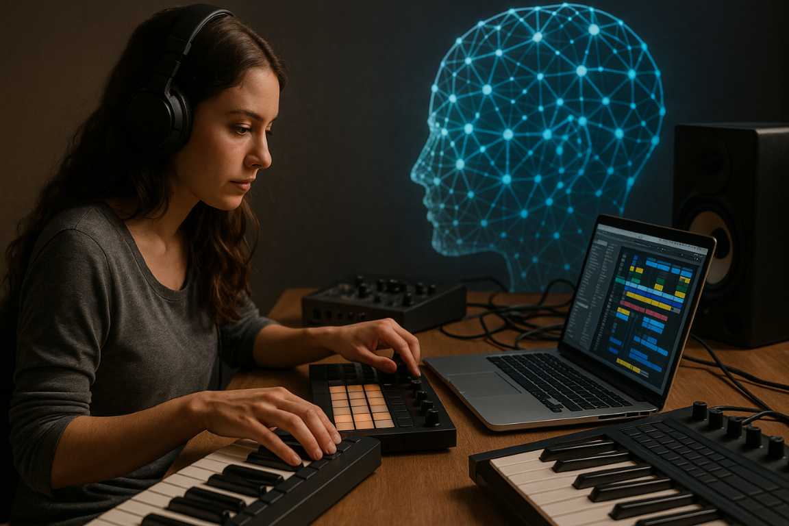 Mujer joven con auriculares grandes trabajando en estudio musical con teclados MIDI, controlador de pads y computadora portátil que muestra software de producción musical, con fondo oscuro y proyección digital de cabeza humana conectada en red.