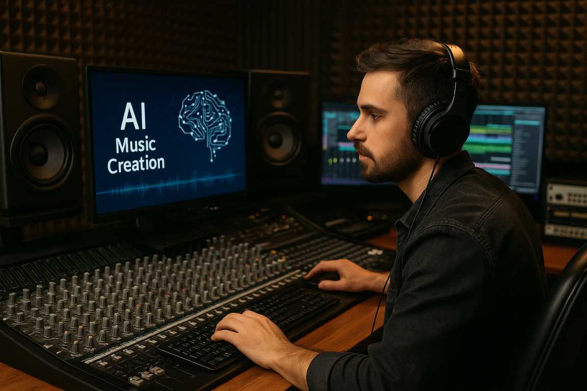 Hombre usando auriculares en estudio de grabación, trabajando con consola de audio y computadora con pantalla que muestra gráfico de IA y creación musical.