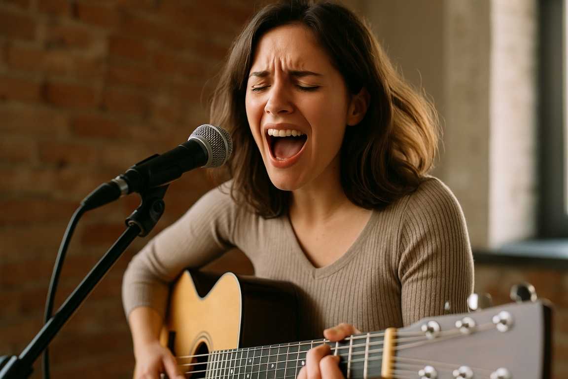 Mujer cantando con pasión mientras toca la guitarra acústica frente a un micrófono