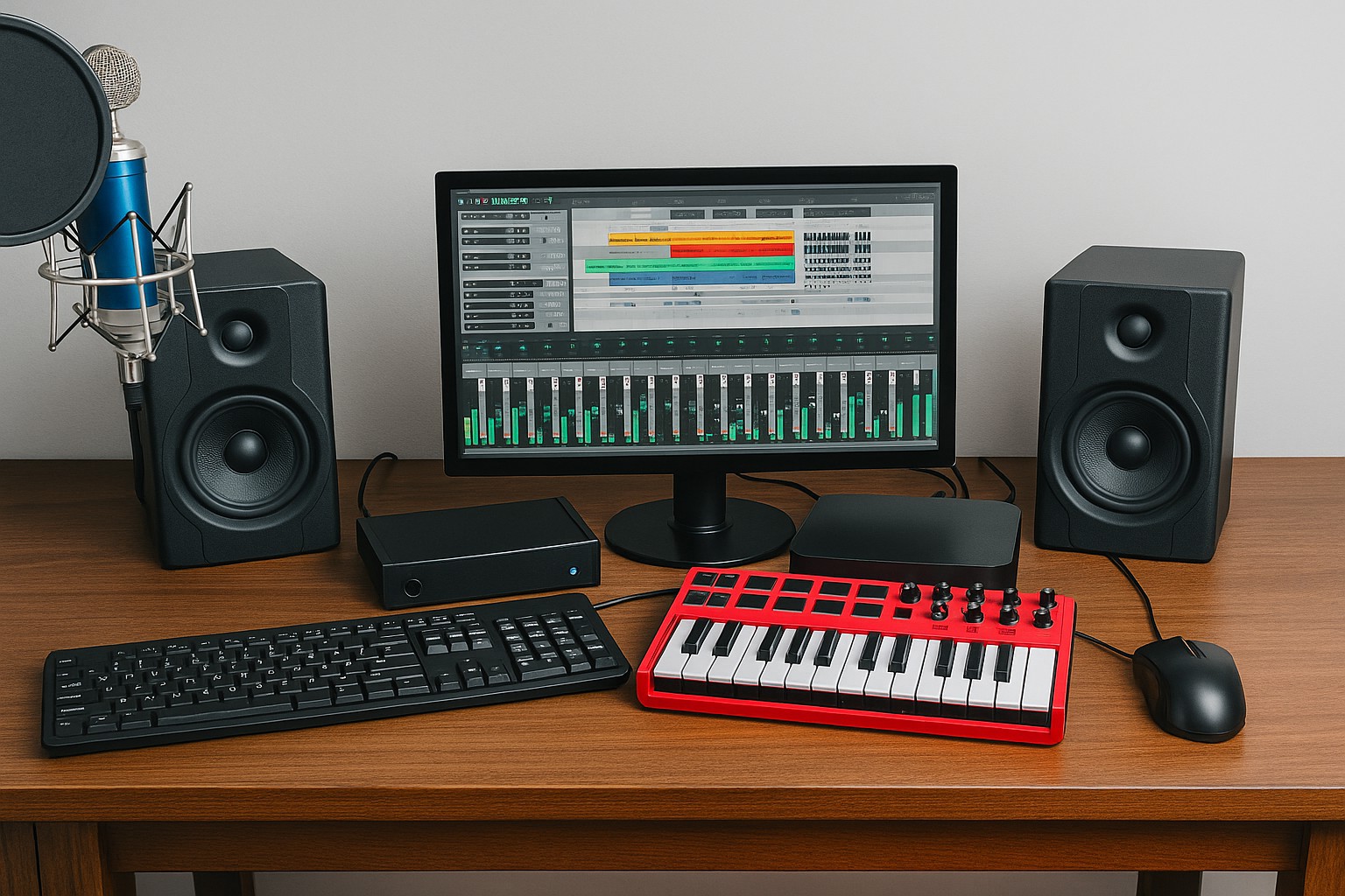 Estudio de grabación doméstico con teclado MIDI, micrófono, altavoces y software de producción musical en pantalla