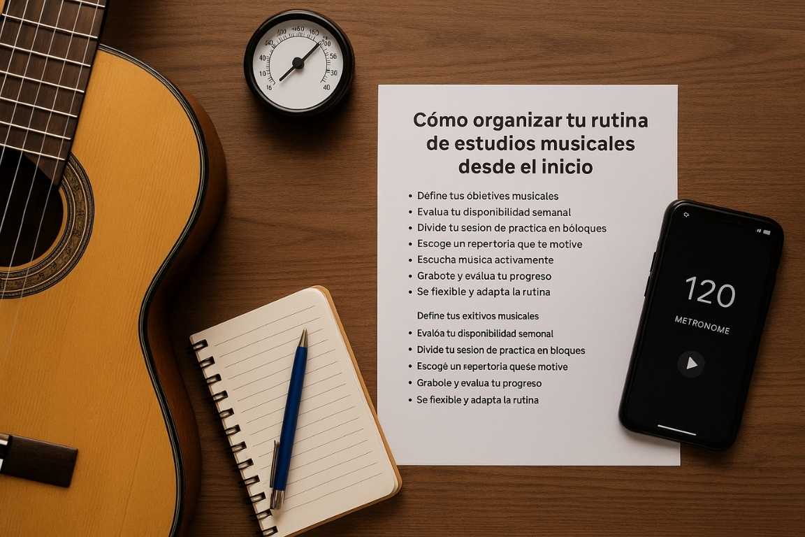 Rutina de estudio musical escrita en hoja junto a guitarra, metrónomo, libreta y móvil con aplicación de tempo, ideal para principiantes