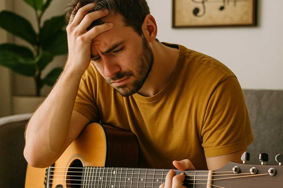 Hombre frustrado intentando tocar la guitarra, representando la dificultad al aprender música