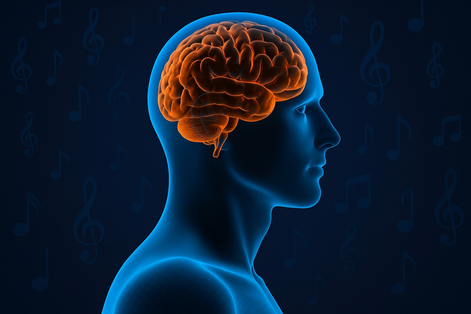 Ilustración de un cerebro humano iluminado dentro de una silueta azul, con notas musicales flotando en el fondo, simbolizando el impacto de la música en el cerebro