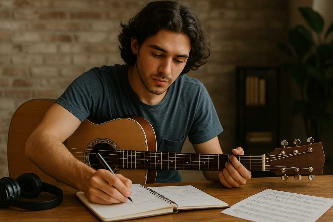 Hombre componiendo música con guitarra acústica mientras escribe en un cuaderno sobre una mesa