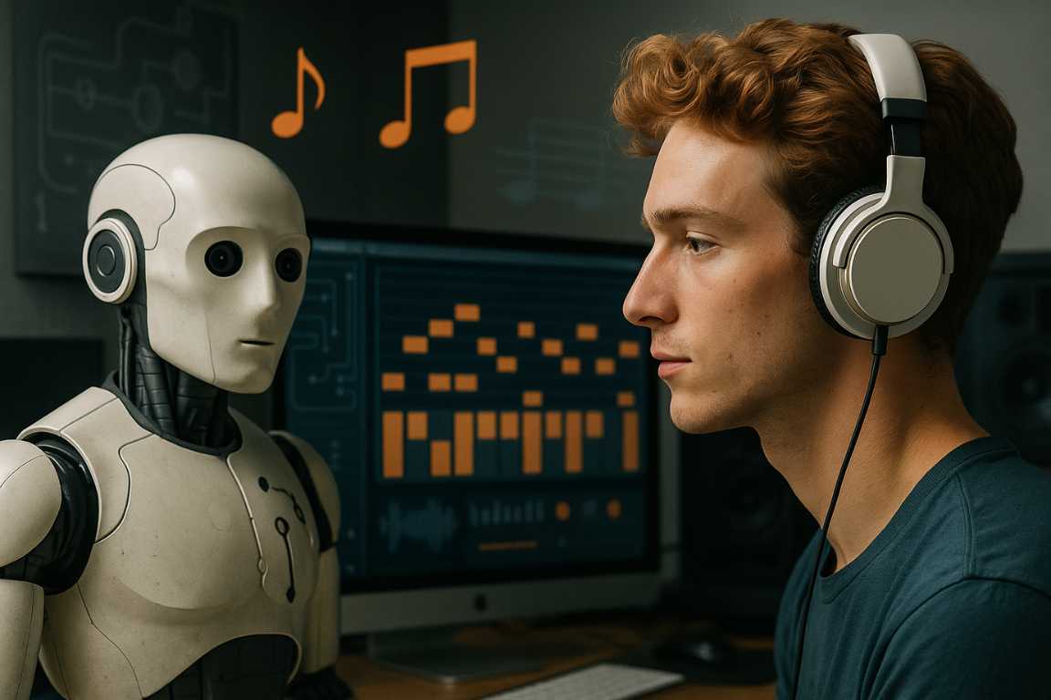 Joven con auriculares frente a un robot en un estudio de música, ambos mirando una pantalla con notas musicales digitales, representando colaboración humano-IA en composición musical.