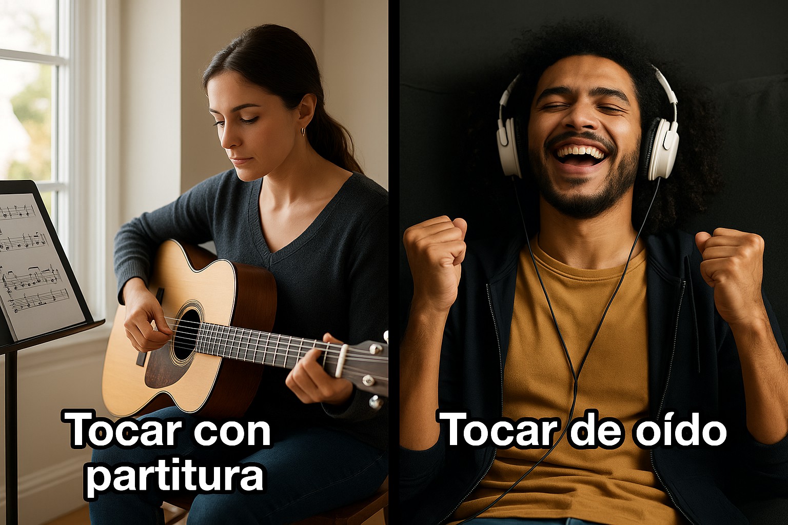 Mujer tocando guitarra con partitura y hombre disfrutando la música con auriculares, representando tocar con partitura y tocar de oído
