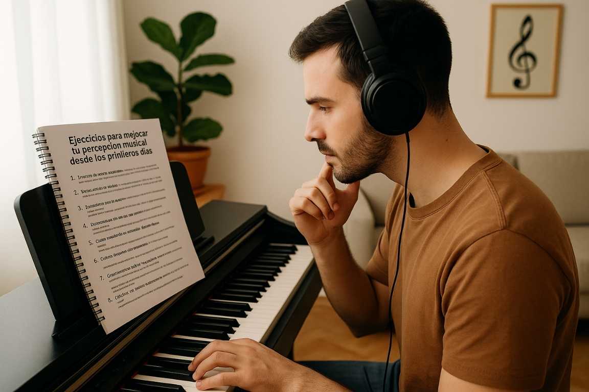 Hombre joven con auriculares practicando ejercicios de percepción musical en piano digital en casa