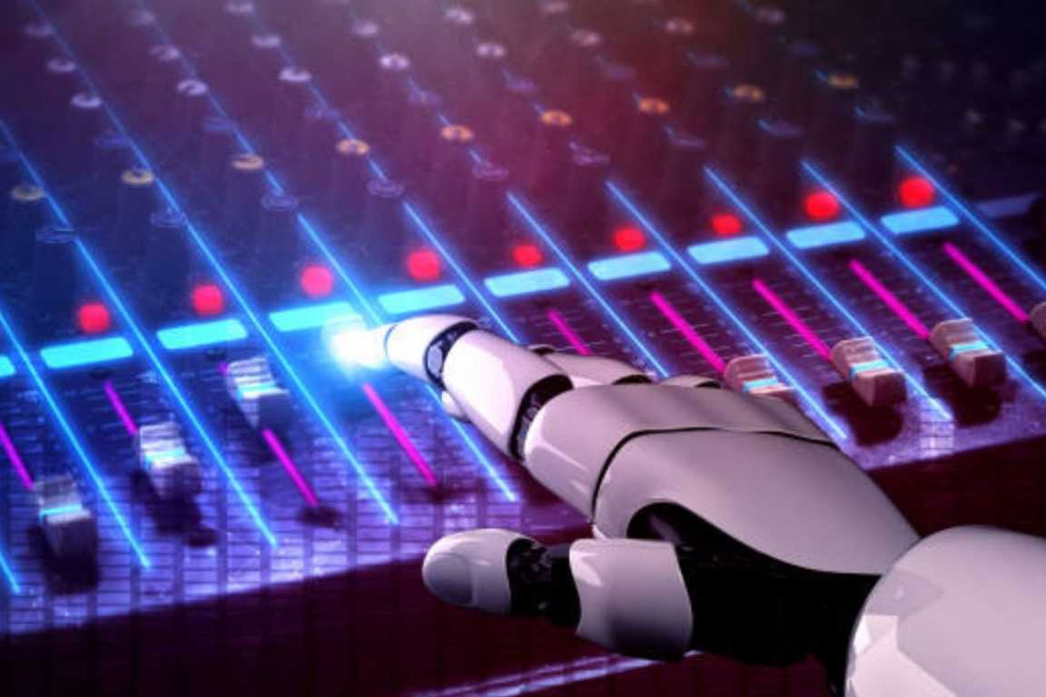 Mano robótica ajustando controles deslizantes en una mesa de mezclas de audio con luces LED azules y rojas.