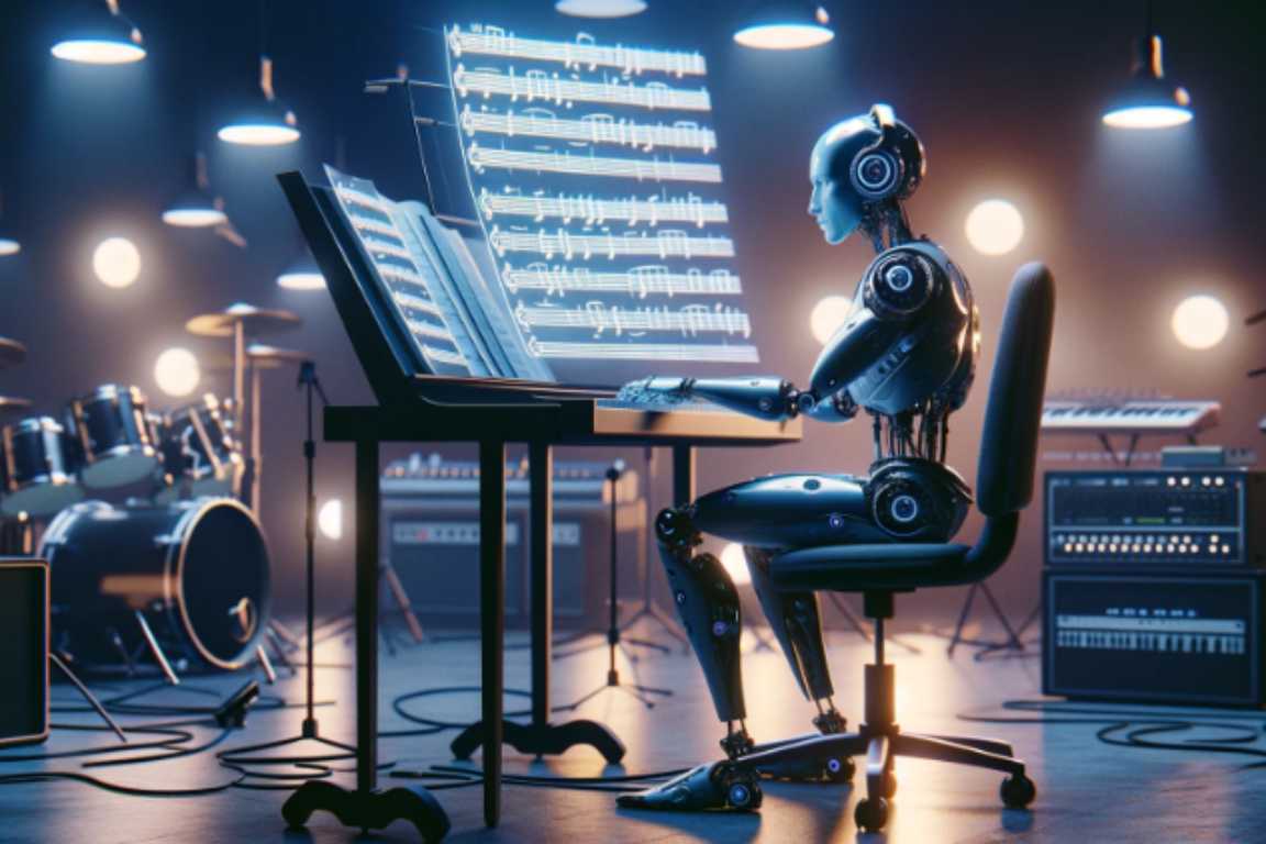 Robot futurista sentado en una silla tocando un piano digital con partituras holográficas en un estudio de música moderno, rodeado de instrumentos musicales y equipo de sonido.