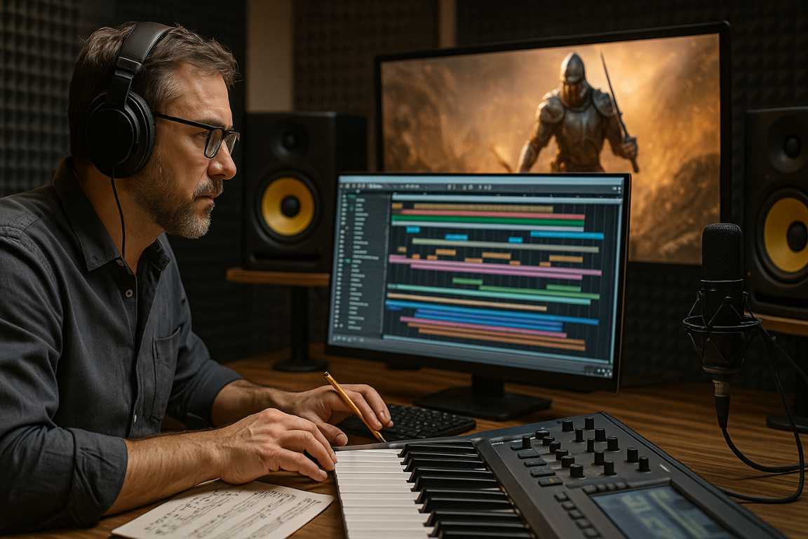 Hombre con gafas y auriculares trabajando en estudio de música, usando teclado MIDI, computadora con software de edición musical y micrófono, mientras escribe en partitura.