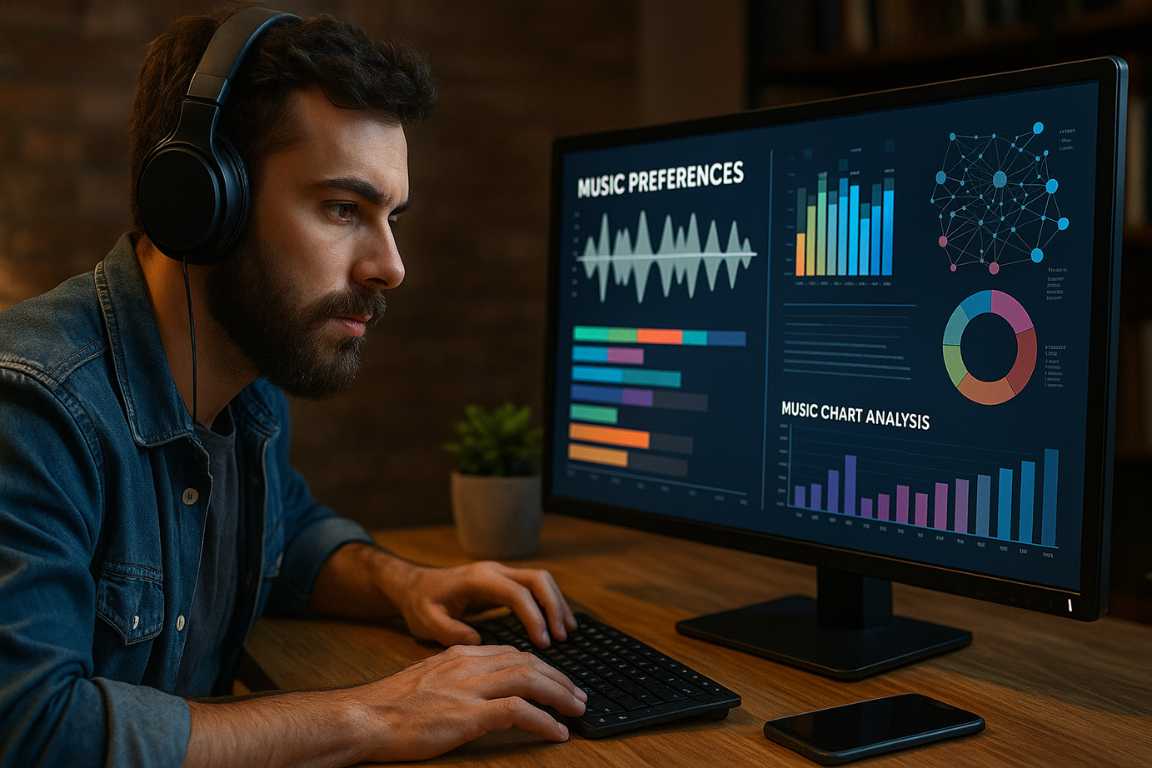 Hombre joven con barba y auriculares grandes trabajando en computadora con pantalla que muestra gráficos y análisis de preferencias musicales, en un ambiente de estudio con luz tenue y planta decorativa al fondo.