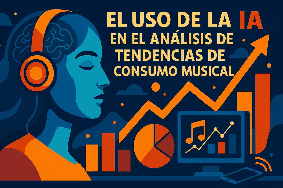 Ilustración de una mujer con auriculares, cerebro tecnológico y gráficos de barras y líneas que representan el análisis de tendencias de consumo musical mediante inteligencia artificial.