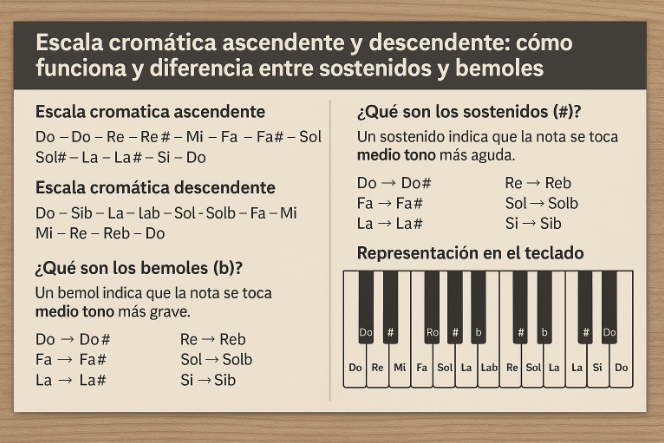 Imagen explicativa de la escala cromática ascendente y descendente con ejemplos de sostenidos y bemoles en el teclado