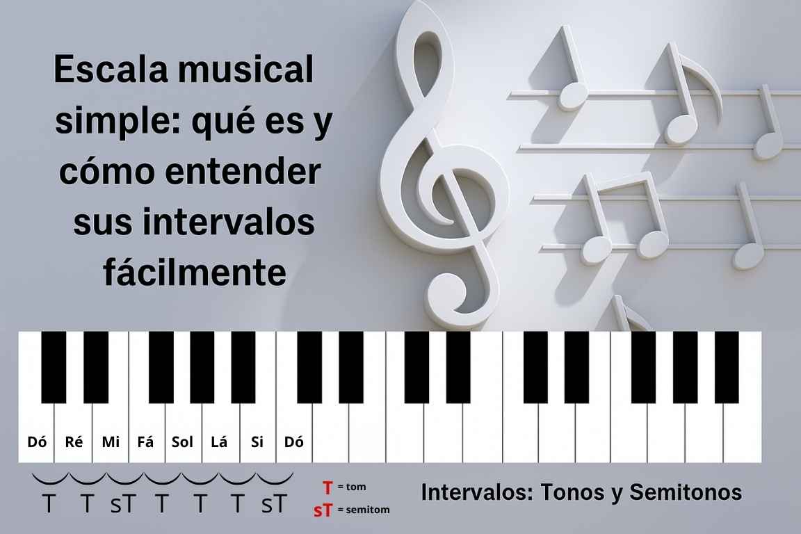 Teclado con escala musical simple en do mayor y explicación de intervalos de tonos y semitonos