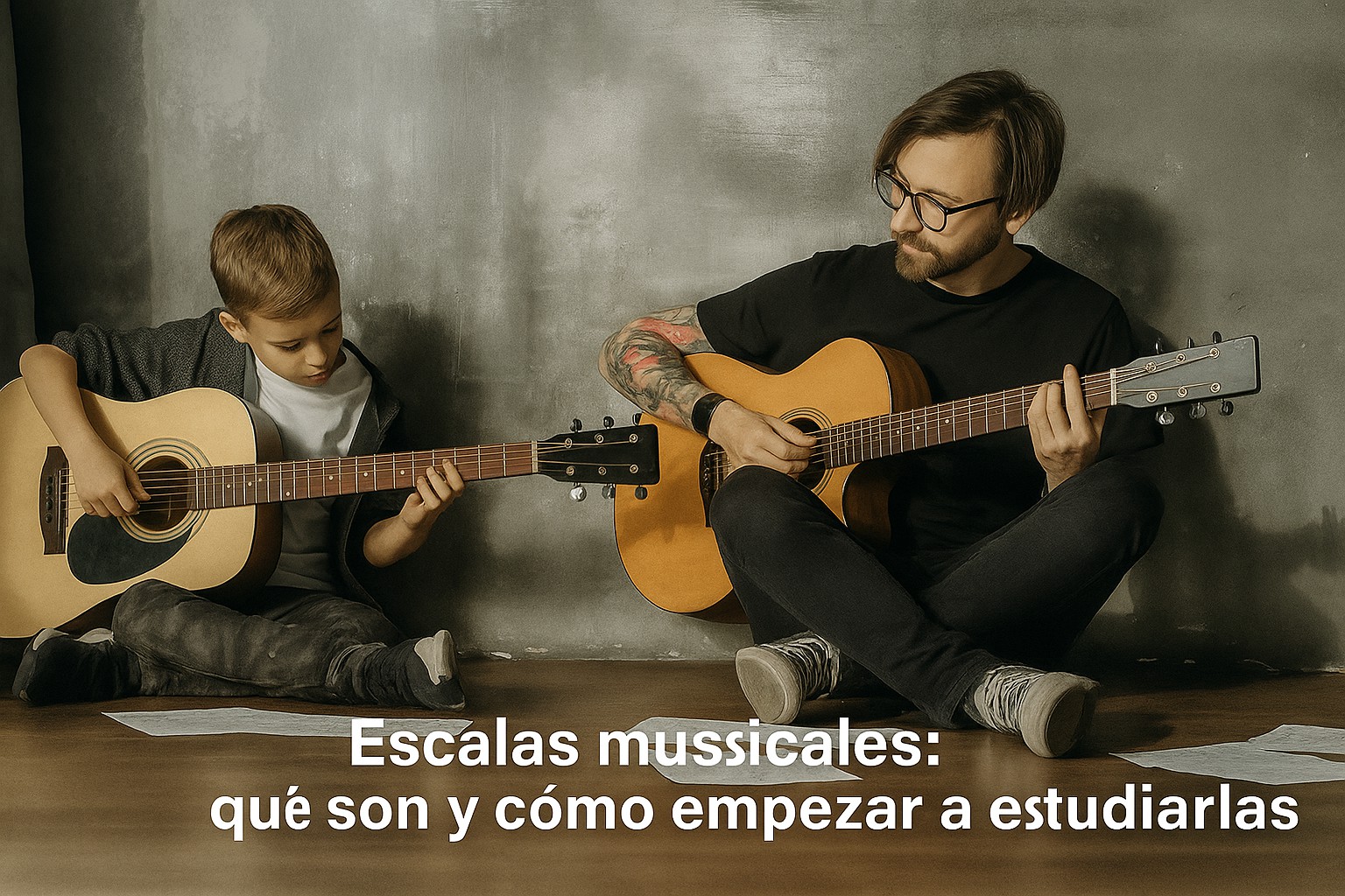 Niño y adulto tocando guitarra juntos en una clase, sentados en el suelo con partituras, acompañados del texto: "Escalas musicales: qué son y cómo empezar a estudiarlas