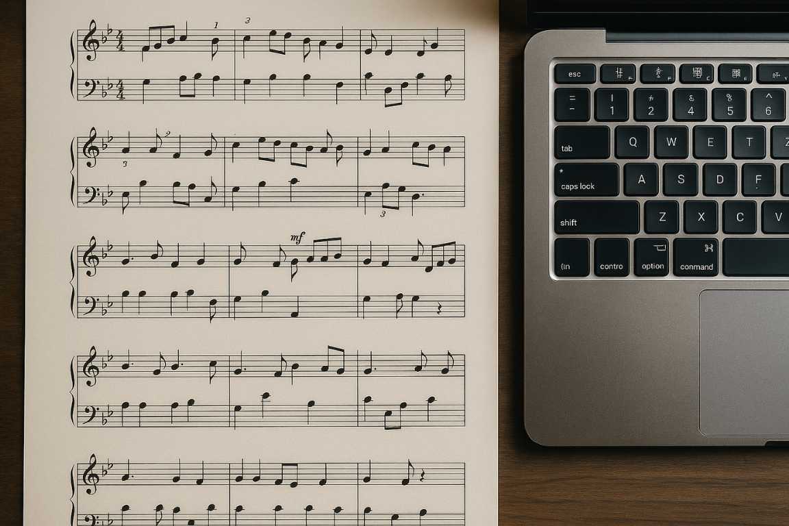 Partitura musical junto a un teclado de laptop sobre una mesa de madera, representando la combinación de música tradicional y tecnología digital.