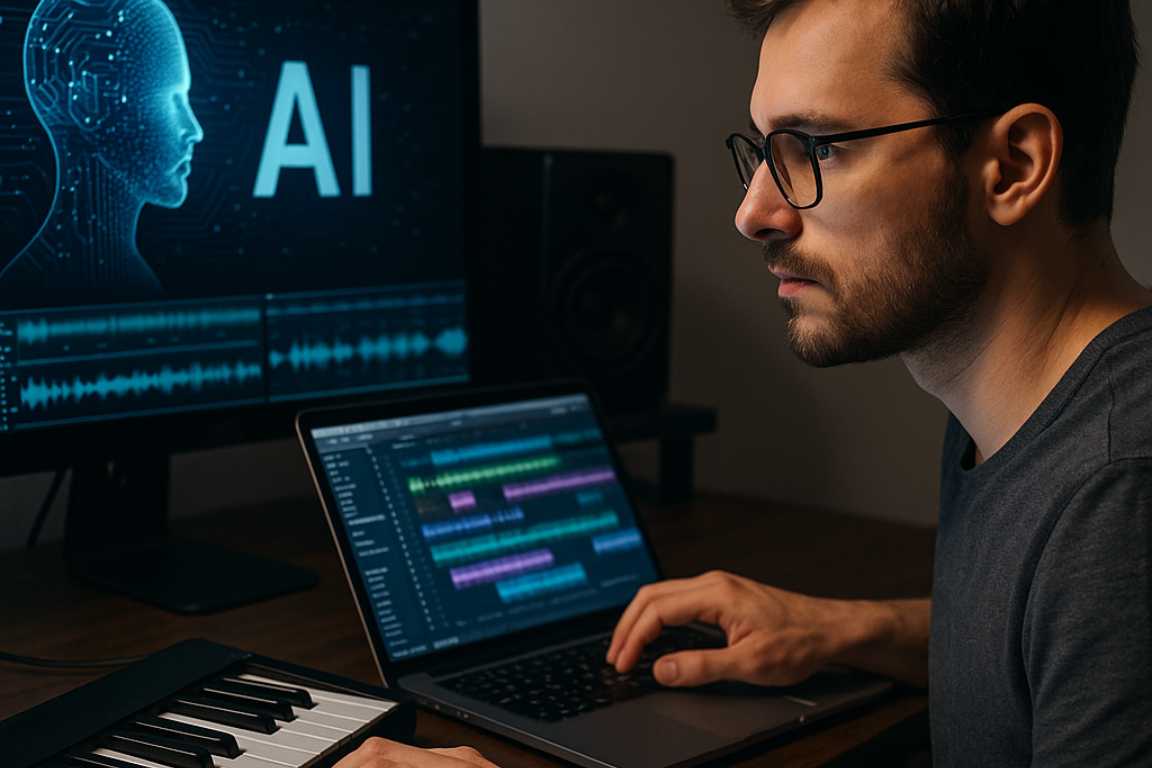 Hombre joven usando computadora portátil y teclado MIDI en estudio de música digital, con pantalla mostrando software de edición musical y gráfico de inteligencia artificial (IA).
