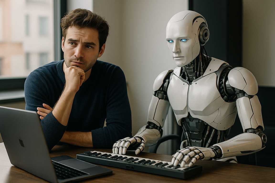 Hombre pensativo junto a un robot humanoide que toca un teclado MIDI, representando la colaboración entre humanos y la inteligencia artificial en la creación musical.
