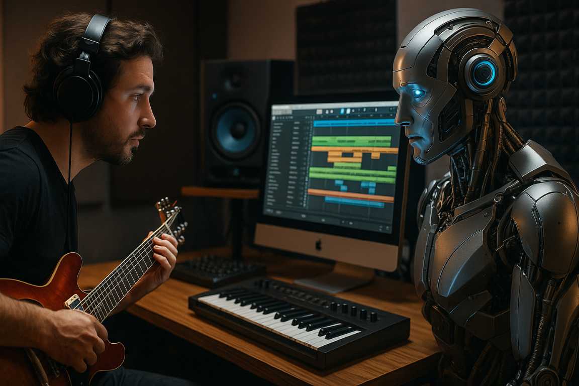 Hombre con auriculares tocando guitarra eléctrica en un estudio musical moderno, acompañado por un robot humanoide que observa atentamente la pantalla de una computadora con software de producción musical y un teclado MIDI sobre el escritorio.