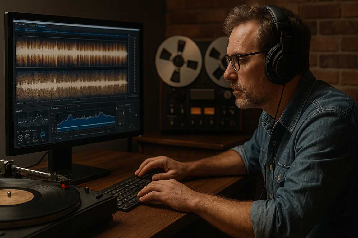 Hombre adulto con gafas y auriculares trabajando en edición de audio en computadora con software especializado, rodeado de equipo de sonido vintage y moderno en un estudio con ambiente cálido y luz tenue."