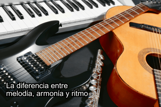 Instrumentos musicales variados representando la diferencia entre melodía, armonía y ritmo