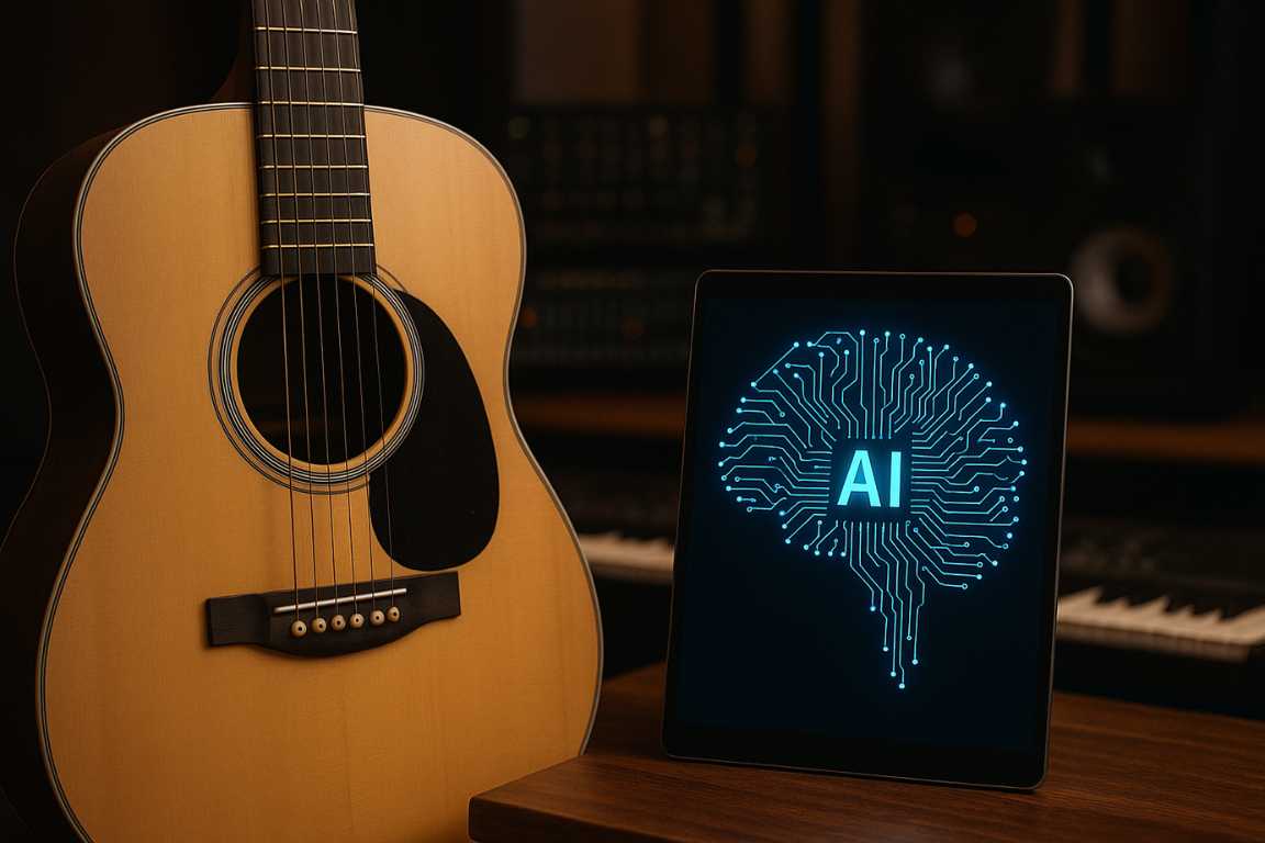 Guitarra acústica apoyada sobre mesa de madera junto a una tableta digital que muestra un cerebro tecnológico iluminado con la palabra 'AI', en estudio musical con teclado al fondo.