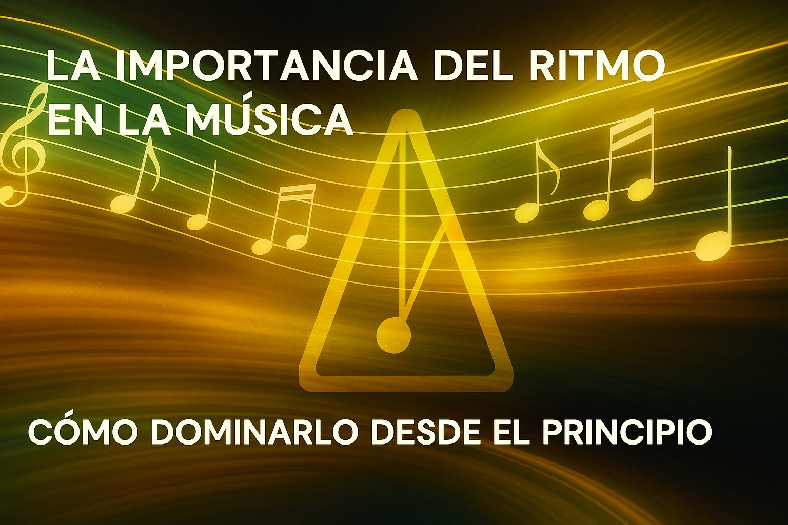 Ilustración abstracta con notas musicales y metrónomo amarillo sobre fondo dinámico, destacando la importancia del ritmo en la música desde el principio