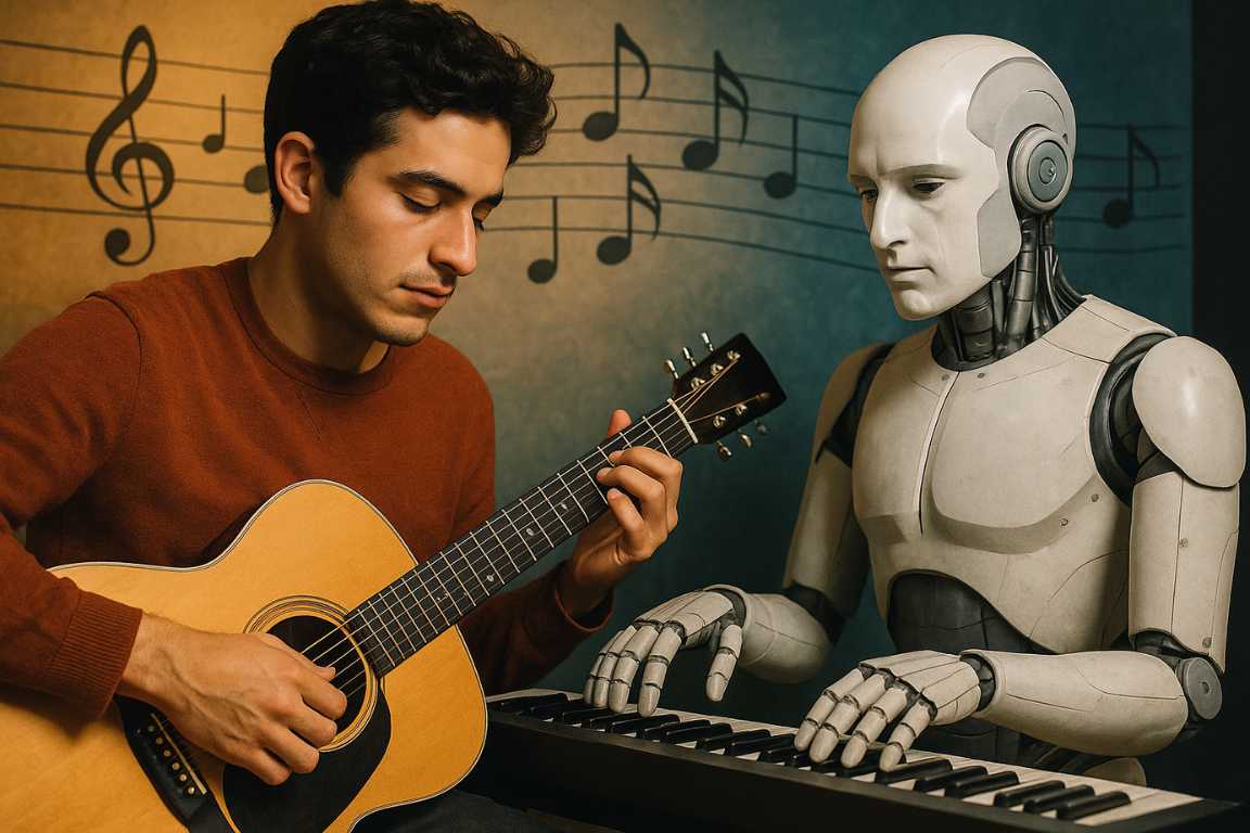 Hombre tocando guitarra acústica acompañado por un robot humanoide que toca un teclado, simbolizando la colaboración entre humanos e inteligencia artificial en la música.