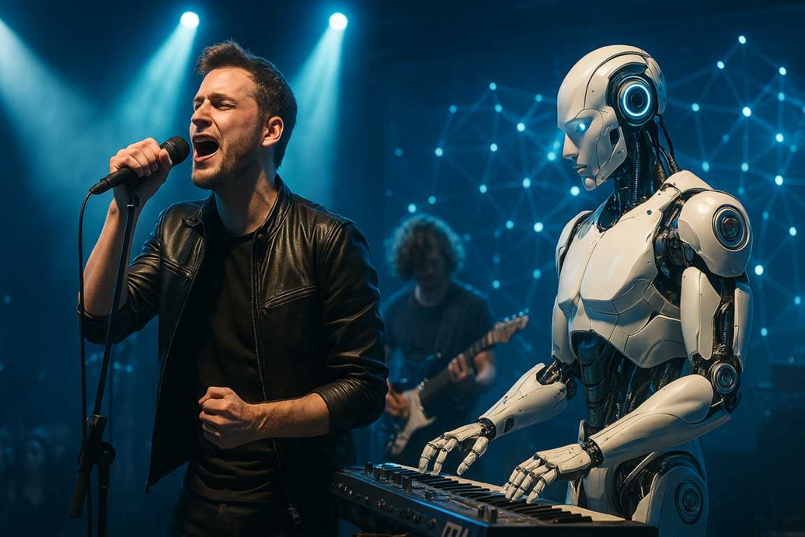 Hombre cantando apasionadamente en un escenario con micrófono, acompañado por un robot tocando un teclado electrónico, en un concierto con luces azules y músicos al fondo.