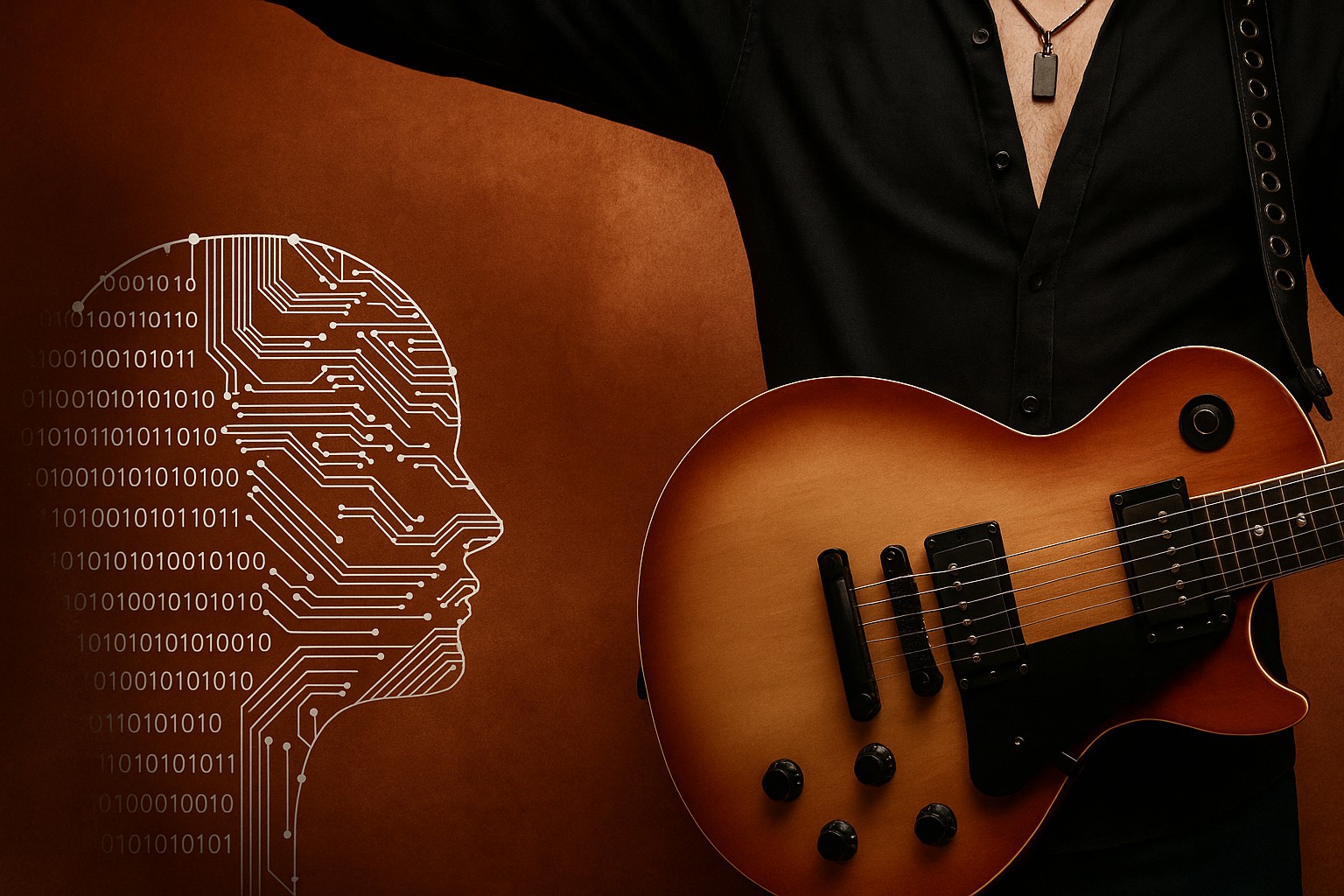 Persona tocando guitarra eléctrica marrón con camisa negra, al fondo ilustración digital de perfil humano con circuito electrónico y código binario, sobre fondo marrón.