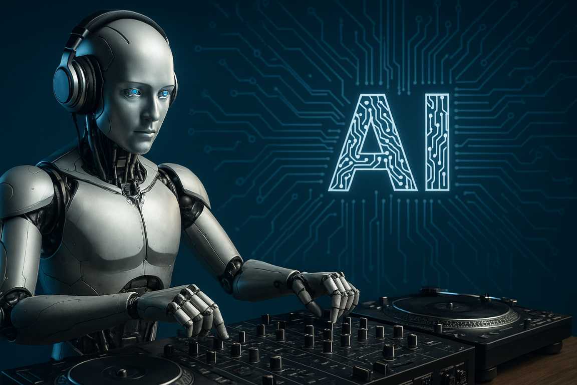 Robot con auriculares manipulando una consola de DJ profesional, con un fondo tecnológico que destaca las letras 'AI' representando inteligencia artificial en la música.
