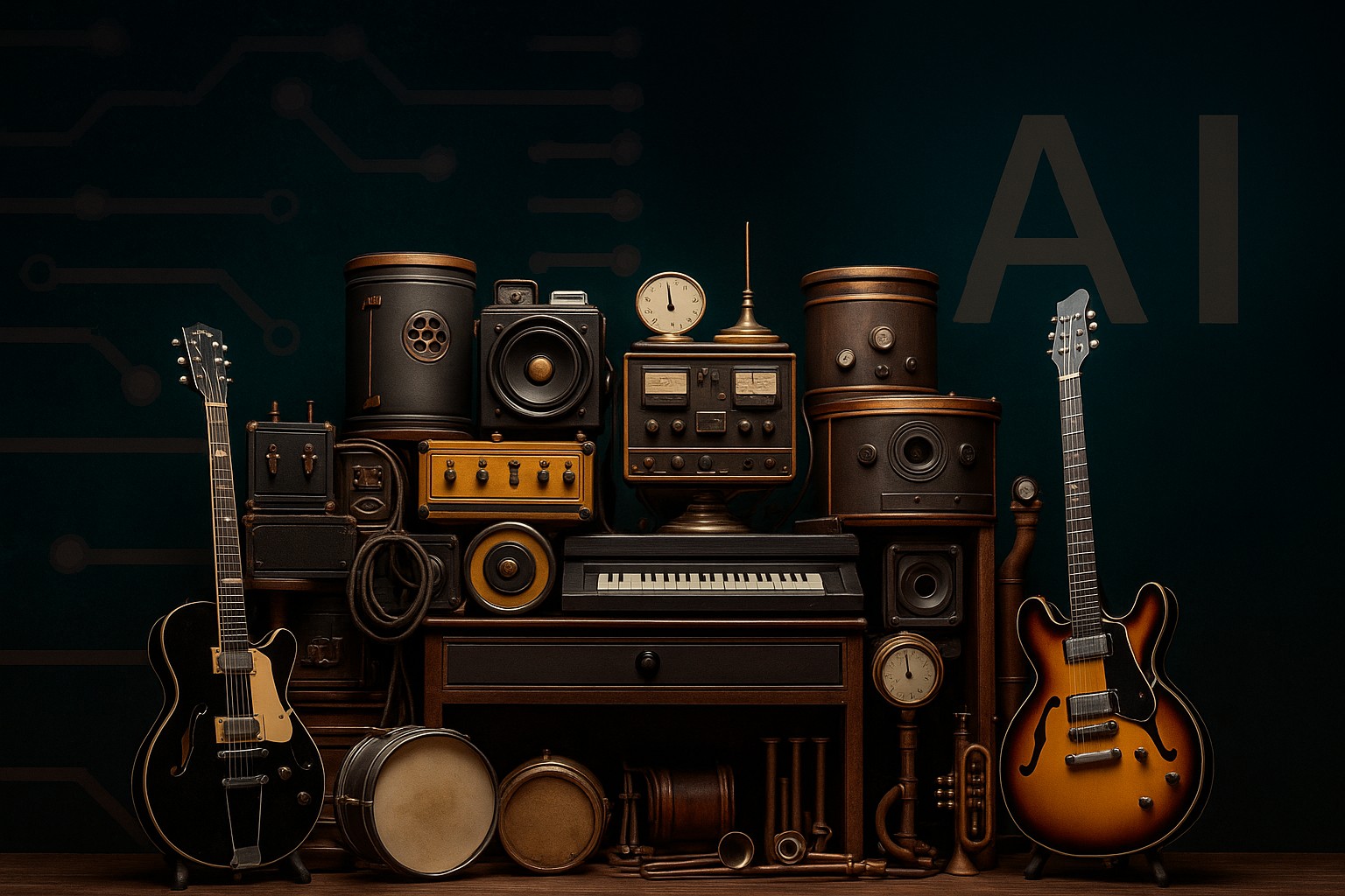 Montaje artístico con instrumentos musicales vintage y modernos, incluyendo guitarras eléctricas, acústicas, batería, teclado y equipo de audio antiguo, ambientado en un fondo oscuro con letras 'AI' al fondo.