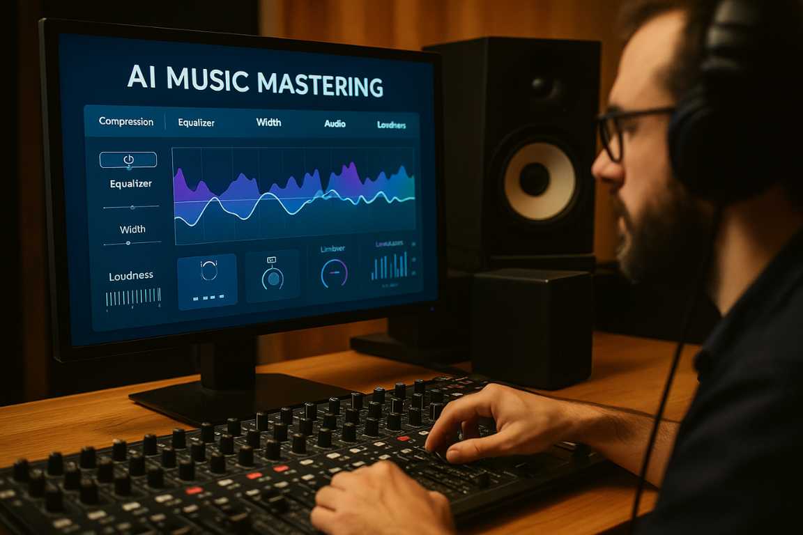 Hombre con auriculares usando consola de mezcla y software de masterización de música con inteligencia artificial en pantalla de computadora en estudio de grabación.